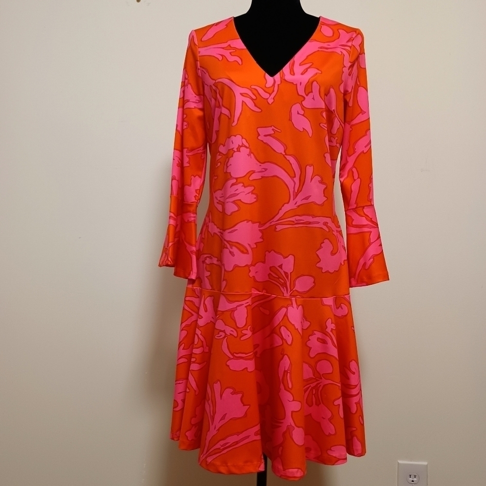JULIE  Brown  New York Neon Pink and Orange Dress Sz M